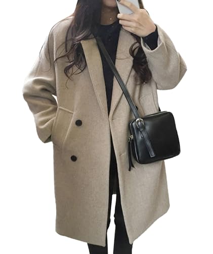Women's Winter Double Breasted Coats Casual Loose Notch Lapel Wool Blend Pea Coat Warm Long Overcoat - color: Grey Beige, size: Large