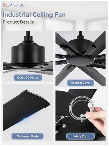 ZMISHIBO 65 Inch Ceiling Fan without Light, 8 Aluminum Reversible Blades | Industrial-Grade, DC Motor, Damp Rated, 6 Speeds, Remote Control, 3 Downrods, Flat/Sloped Ceiling, Living Room, Patio, Gym - color: Black, size: 65inch