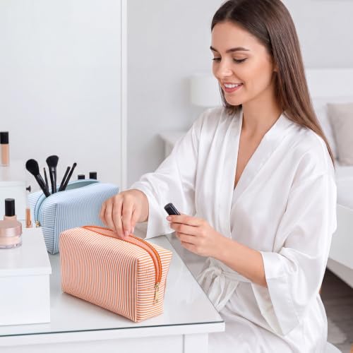 Sanwuta 20 Pcs Seersucker Cosmetic Bags Bulk, Striped Zippered,Bright | Makeup Bags Women Pouch, Large Preppy Storage Toiletry Travel Pouch for Wedding Bridesmaid Bride Favor Back to Teacher Gift - color: Bright
