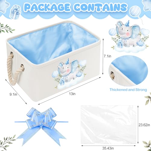 Pickmesh Baby Shower Storage Basket with Gift Bags Rectangular Ribbons Collapsible Canvas Storage Bin with Handles for Diaper Organizing Toy Home DIY Gift Basket, 13 x 9. 1 x 7. 1 Inch(Blue Elephant) - style: Blue Elephant