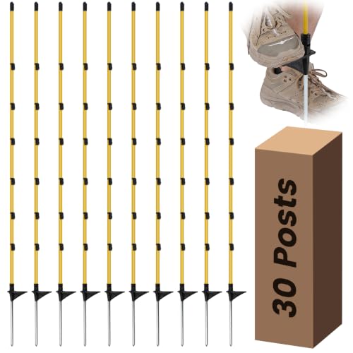 30 PCS Electric Fence Posts, 3/8" x 57" Step in Fence Post | 7 Wire Clips, Metal Ground Spikes, Easy Step-in Fiberglass Fence Posts for Temporary Electric Fencing, Farm Livestock, Garden - size: 57Inch-30PCS