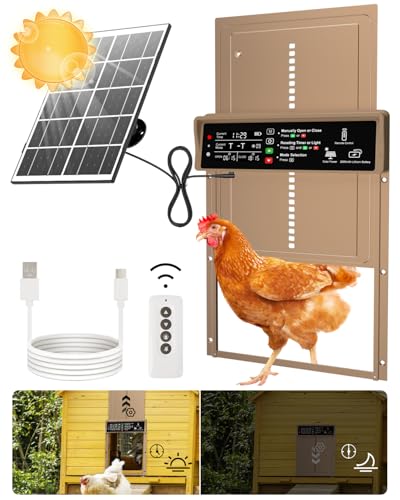 Asfrost Automatic Chicken Coop Door Solar Powered Automatic Chicken Door with Timer & Light Sensor, Anti-Pinch, Durable Aluminum Auto Chicken Door, Charge with 7W Solar Panel & USB - Brown - color: Brown