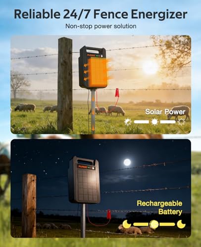 Solar Electric Fence Charger 10 Miles, 0.20J Solar Powered Fence Energizer with Rechargeable 10400mAh Battery, Portable Electric Fence Kit for Livestock, Chicken, Garden Protection, Auto Day/Night