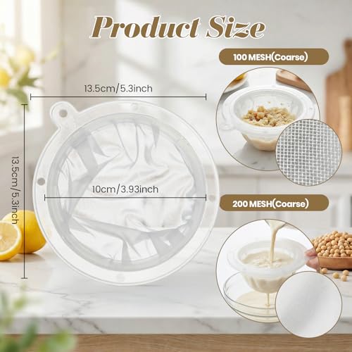 WMKGG 4PCS Food Filter Strainer, 5 Inch Nylon Plastic Strainer | Reusable,for Oils, Juice, Kefir,Wine, Coffee, Milk, Tea, Powder,Nut Milk,Honey(200+100 Mesh) - size: Strainer
