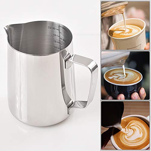 homEdge Espresso Steaming Pitchers 20 OZ / 600ml, Stainless Steel Frothing Pitcher with Measurement Scale - size: 20 Ounces