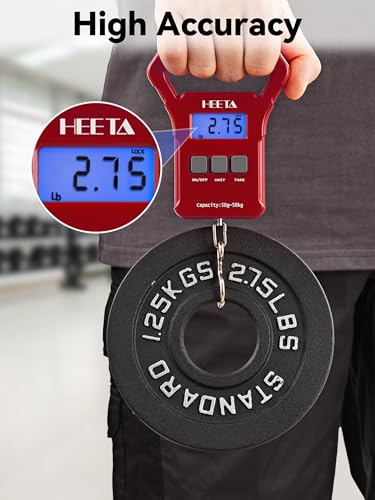 HEETA Fish Scale 110lb/50kg Digital Hanging Fishing Luggage Weight Scale | Portable with Backlit LCD Display, Hook & Non-Slip Large ABS Handle, Fishing Gifts Gear for Men, 2 AAA Batteries Included - color: Red