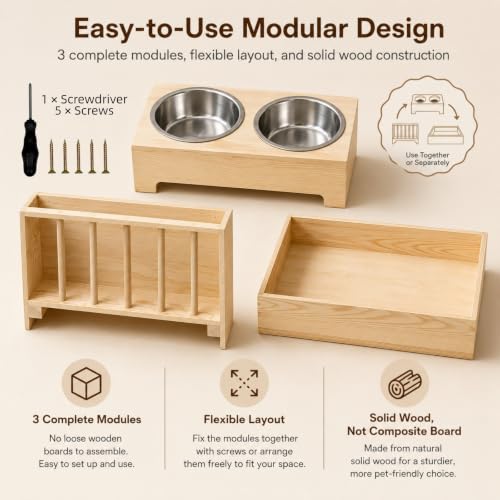 3 in 1 Rabbit Hay Feeder with Litter Box and 2 Bowls, Solid Wood Bunny Feeder with Adjustable Mental Hay Rack, Water Feeder, Cleaning Kit for Rabbits, Guinea Pigs, Chinchillas, Hamsters
