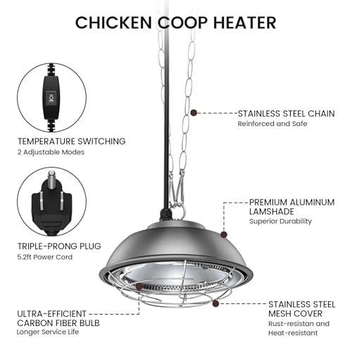 350 Watt Heat Lamp for Chickens - Chtoocy Chicken Coop Heater with Carbon Fiber Bulb, 5.2FT Thickened Power Cord & Chicken Heat Lamp with 2 Temperature Adjustable (175/350W) for Chicks, Ducks and Pets
