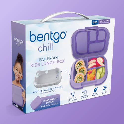 Bentgo Chill Kids 4-Compartment Bento Box Leakproof Lunch Box | Built-In Ice Pack, 3.3 Cup Capacity, BPA-Free, Microwave & Dishwasher Safe Tray, Ideal for Ages 3–7 (Purple) - color: Purple