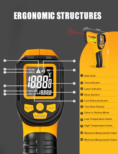 JD-10 Infrared Thermometer Gun, -58°F to 1472°F, 13-Point Laser | 0.5-second response and adjustable 0.10-1.00 emissivity for cooking, griddles, HVAC, automotive, and industrial surfaces - color: Yellow