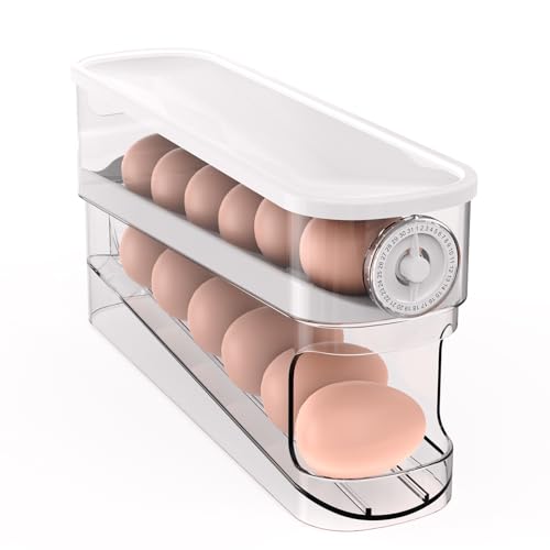 Auto Rolling Egg Holder for Fridge, Egg Dispenser/Organizer/Storage/Container with Lid & Date Timer for Refrigerator, Sturdy and Durable Space-Saving Egg Tray for 12 Large Eggs - size: 1pcs With Timer