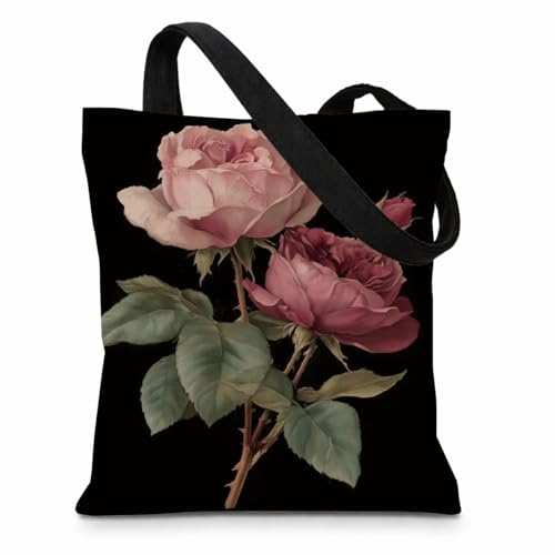 Vintage Floral Canvas Tote Bag, Aesthetic Botanical Reusable Grocery Bags for Women, Elegant Floral Lover Gift Tote - color: Color25
