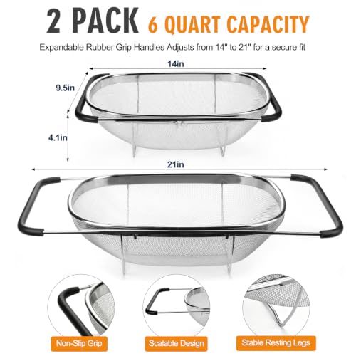 Palksky Over the Sink Colander, Stainless Steel Fine Mesh, 6 Quart 2 Pack | Expandable handles fit most sinks; fine mesh drains pasta, rice & produce - color: 6-Quart Over the Sink Colander 2 PCS