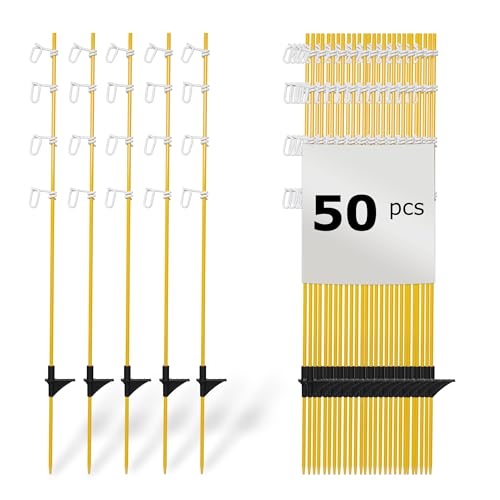 45.3 in Electric Fence Posts, Fiberglass Fence Posts with Adjustable 4 Pigtail insulators Hold Poly Wire Rope and 40mm Tape, for Temporary Electric Fencing, Farm Livestock, Garden-50pcs