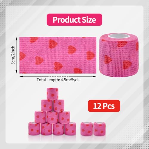 12 Roll 2 Inch x 5 Yards Heart Print Pet Vet Wrap for Dogs Cats, Cohesive Bandages in Bulk, Pink Non-Woven Self Adhesive Bandage Wrap Rolls for Pet Animals Wound Care, Ankle Sprain and Swelling