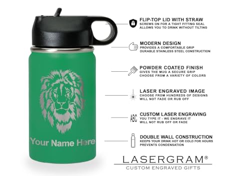 LaserGram Personalized 12oz Water Bottle, Horse (Green) | Engraved Gift, Vacuum Insulated Stainless Steel, Flip-Top Straw Lid, Laser Engraved With Your Name - color: Green, size: 12 Ounces