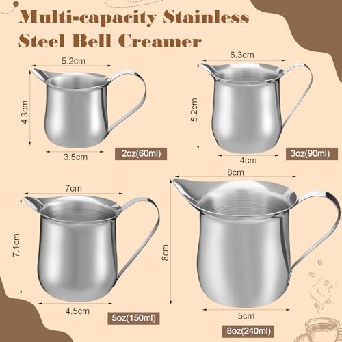 Honeydak 4 Pcs 2, 3, 5, 8 OZ Stainless Steel Bell Creamers Pitcher Mini Cup Container Espresso Shot Frothing for Serving Milk Coffee Cream for Restaurant Cafes Home - size: 2 oz, 3 oz, 5 oz, 8 oz