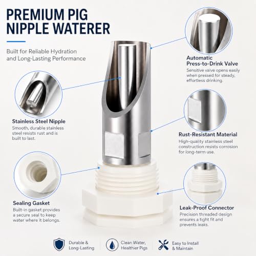 5pcs Pig Nipple Waterer for Barrel Kit – Automatic Stainless Steel Pig Drinker Feeder with Leak-Proof Connectors, Hole Opener Included, Easy DIY Installation Watering System for Pigs, Piglets, Goats
