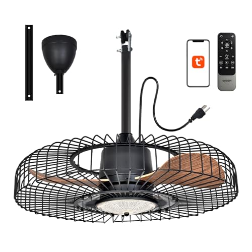 Orison Outdoor Ceiling Fans with Lights for Patio, 24" Weatherproof Ceiling Fan, Gazebo Fan Remote & APP Control, 3CCT Dimmable,Caged Plug in Ceiling Fan with Hanging Hook for Pergola Porch Canopy