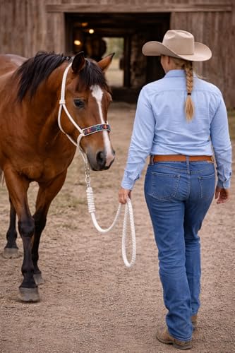 CHALLENGER Nylon Horse Western Rope Braided Halter Lead Beaded Noseband 606RTBeadedWhite - color: White/Turquoise