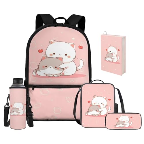 Upetstory Kawaii Cat Backpack for Girls 4-6 6-8 8-10 12-16 Kids School Bag with Lunch Box Pencil Case Middle School Bookbag Elementary Kindergarten Preschool Book Cover Water Bottle Sleeve - color: Cat
