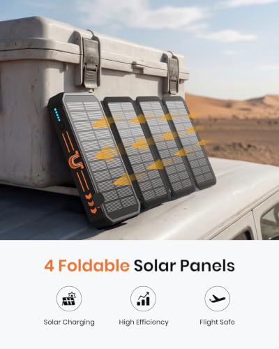 A ADDTOP Solar Charger Power Bank 20000mAh Built-in 4 Cables, Wireless Portable Charger with 4 Solar Panels and 3 USB Ports, PD QC 3.0 Fast Charging Battery Pack for Cell Phone, Tablets(Orange) | 4 Solar Panels, Built-in 4 Cables, 3 USB Input/Output Ports