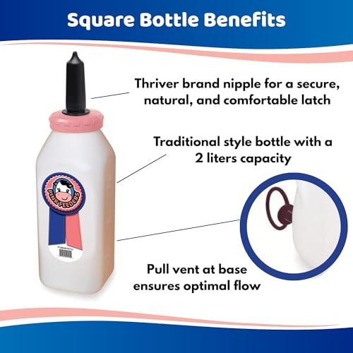2 Quart Square Calf Bottle with Handle and Thriver Screw-in Calf Teat, Leak-Resistant Nursing Bottle with Dual Vent Airflow, Vanilla Scented Soft Rubber Nipple for Calf Feeding