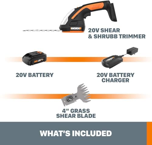 WORX Cordless Grass Shear & Shrub Trimmer, 20V 4" + 8" Bush Trimmer, WG801 | 8"& 4" blades interchangeable blades for grass and shrub trimming;2.0A battery battery & charger included; PowerShare. - style: 8" 20V Shrubber Trimmer w/(1)2.0Ah Battery