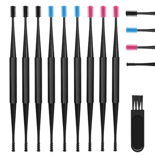 Oruola 9pcs Silicone Ear Wax Removal Tool, Reusable Spiral Ear Wax Removal Tool, Safe Soft Removal Ear Wax Removal Tool with Cleaning Brush for Olders Adult Kids
