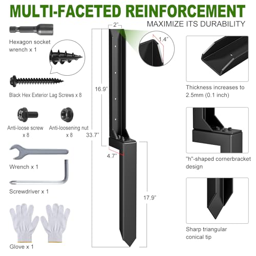 Fence Post Repair Kit (Separation 16.9+17.9",2 pcs) | Heavy Duty Steel Fence Post Anchor Ground Spike ，Quick Fix Broken/Leaning Wood Posts with，and Fixed Fence Posts - size: Separation (16.9+17.9")