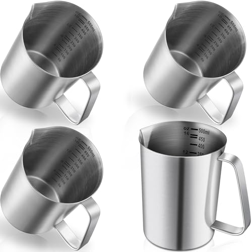 Copkim 4 Pcs Milk Frothing Pitcher with Handle 16 oz, 500 ml, 2 Cup 304 Stainless Steel Pitcher with Pour Lip Metal Liquid Measuring Cups Measuring Jug Milk Frothing Cups for Latte Art Water Pouring - size: 2 Cup