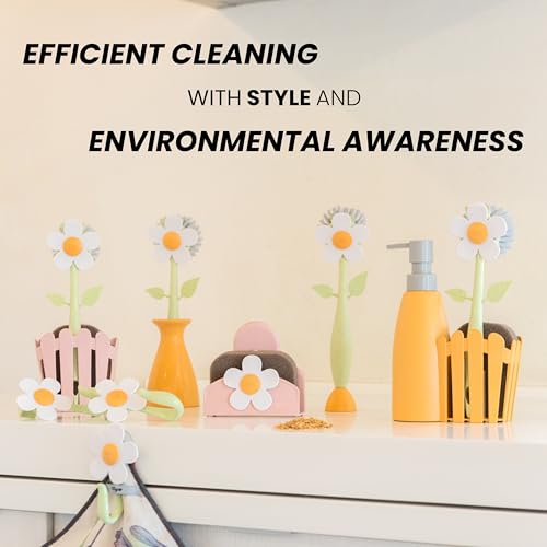 Vigar Florganic Dish Brush with Handle and Built-in Stand, Multicolor | Daisy-Shaped Kitchen Scrub Brush, Dishes and Sink Cleaning, Non-Stick Safe Soft Nylon Bristles, Dishwasher Safe