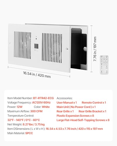 VEVOR Room to Room Fan, Intake & Exhaust Dual Airflow Through-the-Wall Fan with Remote & Temperature Control, 300 CFM 10-Speed Ventilation Quiet In-Wall Vent for Living, Laundry Room Indoor - size: 5.8 inch x 13.8 inch, 300 CFM