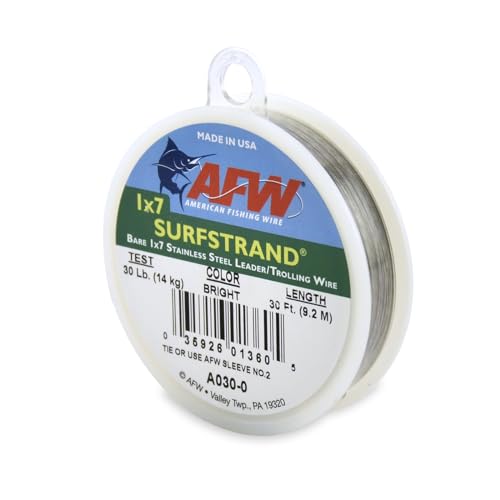 American Fishing Wire Surfstrand Bare 1x7 Stainless Steel Leader Wire - Fishing Leader Line for Saltwater, 20lb Test - 325lb Test in Bright, Camo in 30ft, 300ft, 600ft and 1,000ft Lengths - color: Bright, size: 30 lb / 30 ft