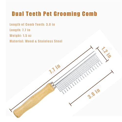 Dog Cat Grooming Comb with Wooden Handle Stainless Steel Teeth, Pet Grooming Supplies Accessories for Hairy Pets (Dual Teeth) - color: Dual Teeth