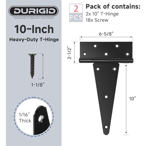 2 Pack 10 Inch T Hinge, Heavy Duty Hinges for Wood, Shed Door Hardware, Fence Hinges for Outdoor Gates, Barn Door, Gate Hinges Used for Heavy Duty Wood Fence, Ideal Outdoor Useage - size: 10 Inch