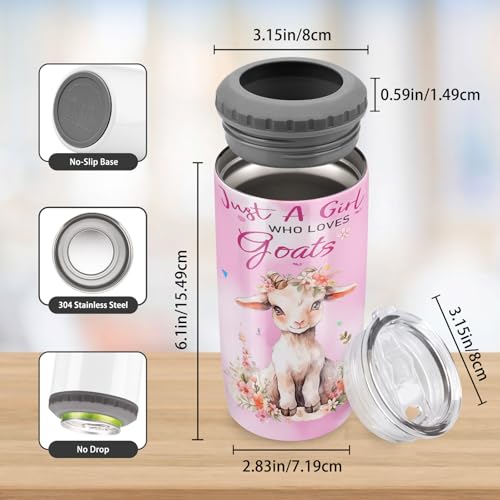 Just a Girl Who Loves Goats 4-in-1 Can Cooler Insulated Tumbler Floral 12 oz Slim Cans Bottles Holder Tumblers Travel Water Bottle Farmhouse Style Gift for Farm Girls Lovers
