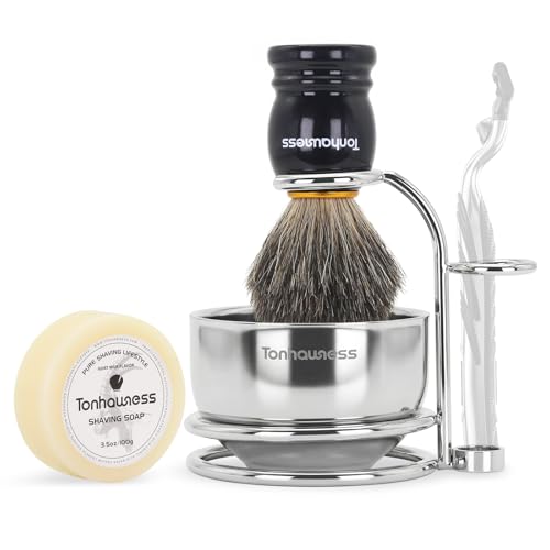 Badger Hair Shaving Brush With Wood Handle, Goat Milk Shaving Soap, Dual-ring Base Stainless Steel Shaving Stand Holder and 3 Layers Shaving Bowl for Men's Wet Shaving (Black With Badger Hair) - color: Black With Badger Hair
