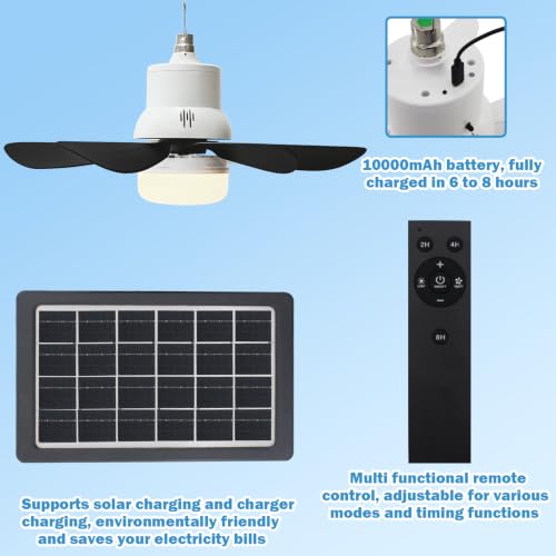 Solar Ceiling Fans with Lights Battery Built-in10000mAh Portable ,17" LED Fan Light Hanging with HookCan be timed for 2/4/8 hours, 3 Speeds with Remote , solar fans with Light for Patios, Canopy