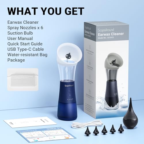 Electric Ear Cleaner with Water Temp Sensor, Ear Irrigation Flushing Kit | 4 Pressure Modes, One-Piece Tank, IPX6 Water Resistant, Ear Cleaning Kit, Earwax Removal Kit for Home Cleaning Checking - color: Blue