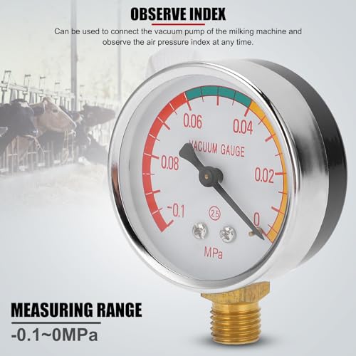 -0.1 to 0 MPa Milker Analog Vacuum Gauge, with 2 inch Dial, 1/4" NPT, Stainless Steel Vacuum Pressure Meter Level Monitoring for Portable Goat Cows Milking Machine, for Dairy Farming