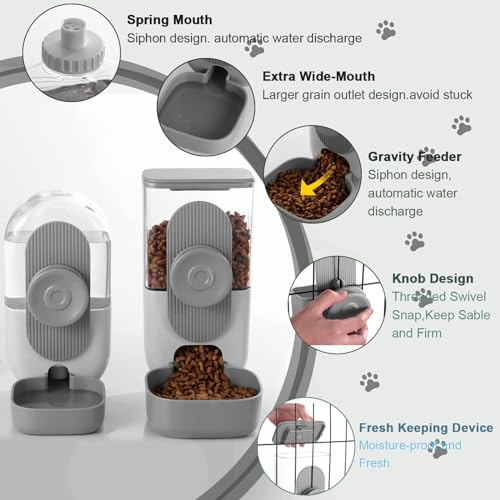 Lemtrflo Rabbit Feeder, Bunny Water Bottle Dispenser, Pet Cage Food Bowl | Suitable for Rabbits, Guinea Pigs, Ferrets, Cat and Other Small Pets - color: Gray
