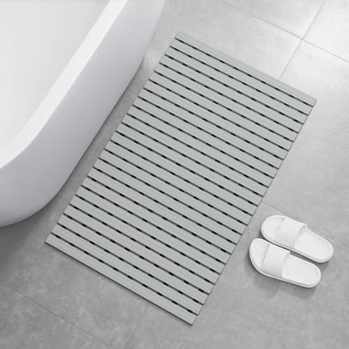 OTHWAY Large Shower Mat, 35.4 x 24 Inch No Suction Cup Shower Mat Non Slip, Quick Drain Shower Mats for Inside Shower, Heavy Duty PVC Shower Floor Mat, Curlable Shower Stall Mat (Light Grey) - color: Light Grey