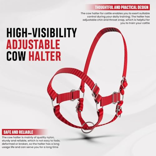 Adjustable Nylon Cow Halter | Calf Halter one Halter for (1 Year to Full Size) Easy Adjustable Straps elimates the Need of Ill-Fitting Cattle Halter - color: RED