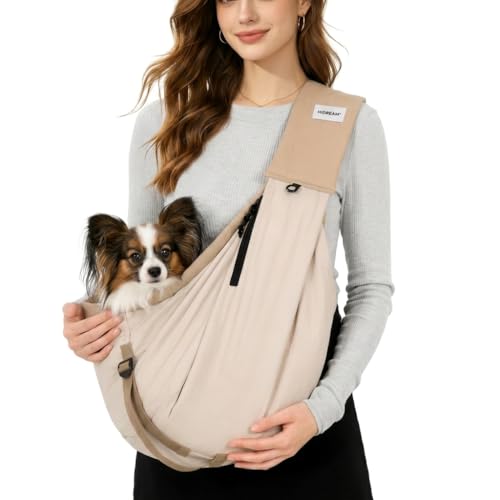 Dog Sling Carrier, Small Dog Carrier Sling for Cats & Puppies 16 lbs, Dog Carry Bag with Pockets, Light Water-Resistant Nylon, Pet Sling Carrier for Senior Pet Walks, Travel, Crowds,Home(Cream Brown) - color: Cream Brown