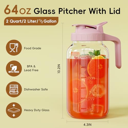 Glass Pitcher with lid, 64 oz Wide Mouth Mason Jar | Dual leak-proof lid, heavy duty glass design, pour spout and handle for cold brew coffee, sun tea and iced drinks - color: Pink, size: 64 Ounces
