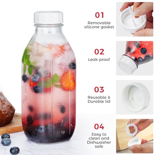 32 oz Glass Milk Bottles with Lid & Silicone Dispenser Cap, 2 Pack | Airtight Screw Lid, Leak-proof Design, Scale Markings for Breastmilk Storage, BPA-free Glass, Reusable, Fridge-safe