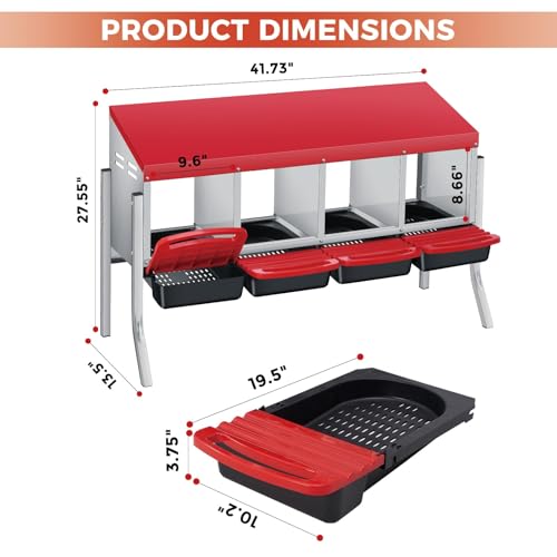 4-Hole Chicken Nesting Box, Roll Away Nest with Removable Tray, Easy Egg Collection & Cleaning, Wall-Mount Nesting Boxes for Hens, Chicken Coop - Red - color: Red-4 Compartments+legs