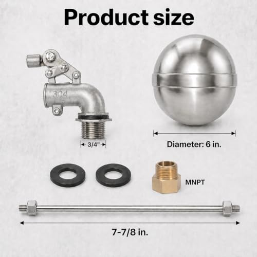 Stainless Steel Float Valve, 3/4" NPT Automatic Water Level Control Valve with 6" Float Ball, Adjustable Rod for Livestock Trough, Stock Tank, Water Tank, Pond, Farm Ranch Cattle Horse Goat
