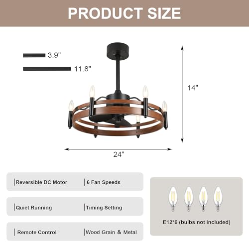 24" Wagon Wheel Chandelier Ceiling Fan with Lights and Remote | 6-Light Rustic Chandelier with Fan, Farmhouse Fandelier for Dining Room Bedroom Living Room, E12 Bulbs Not Included - color: 24" Wagon Wheel